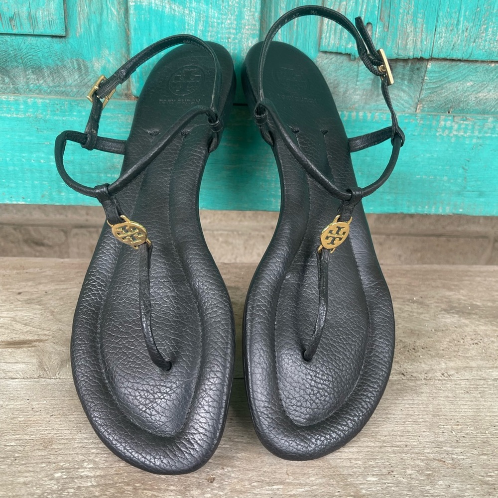 Tory Burch Black Sandals with Gold Hardware